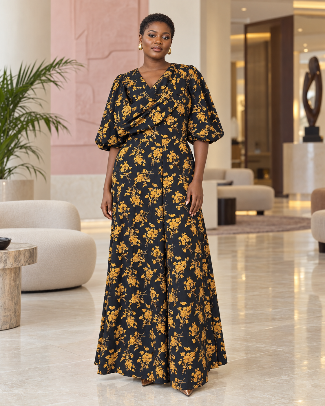Black and mustard floral ruffle maxi dress on a model