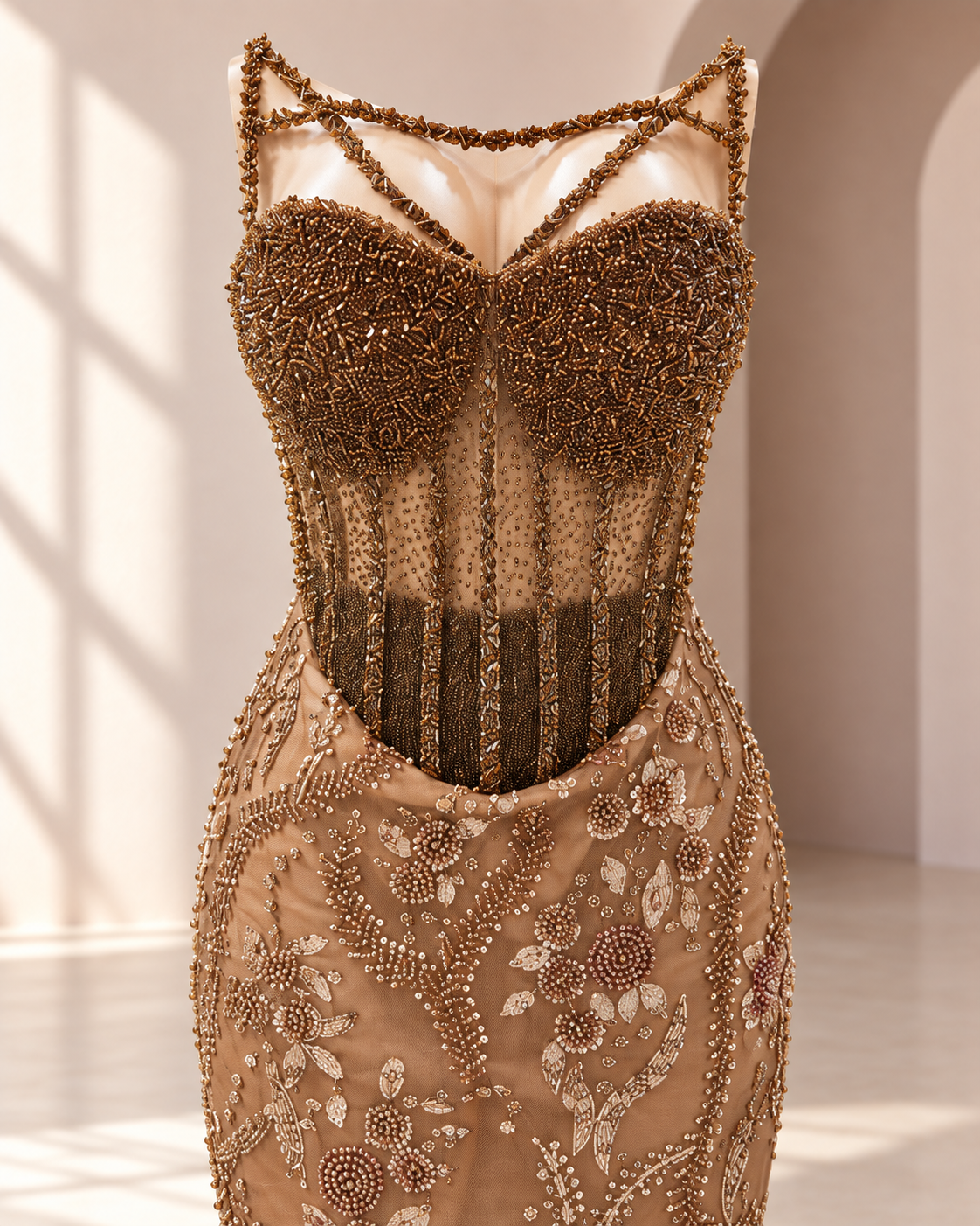 Bronze Beaded Custom Occasion Gown detail view